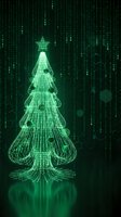 Digital Christmas tree made of green binary code and wireframe lines on dark cyber background with falling matrix data streams.