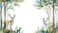 Watercolor forest scene with deer family in woodland clearing, soft green trees and natural wildlife illustration for nature designs and outdoor themes.