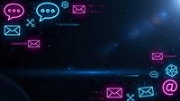 Digital communication icons floating in cosmic space with glowing neon effects and starry background for technology and networking concepts.