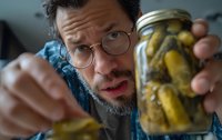 Middle-aged Caucasian man with beard and glasses examining jar of pickled cucumbers with concerned expression, food preservation concept.