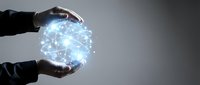 Businessman hands protecting glowing digital network sphere with connected dots and lines representing data protection and cybersecurity solutions.