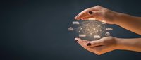 Female hands protecting glowing network connections with digital communication icons on dark background for technology and data security concepts.