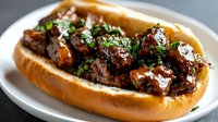 Tender braised beef short ribs with caramelized onions and fresh herbs served in crusty bread roll on white plate for comfort food dining.