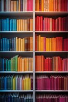 Colorful rainbow bookshelf with vintage hardcover books arranged by color from blue to red, creating an aesthetic gradient display in library or bookstore.