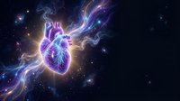 Glowing anatomical heart with cosmic energy streams in space surrounded by stars and nebula clouds for medical and science concepts.