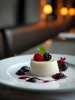 Creamy panna cotta dessert garnished with fresh raspberry, blackberry and mint leaf on white plate, served with berry sauce and blueberries in restaurant setting.