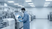 Male scientist in blue lab coat operating advanced equipment in sterile pharmaceutical manufacturing facility with modern technology and clean room environment.