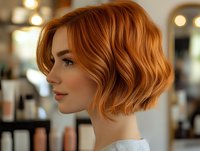 Young Caucasian woman with wavy copper red bob hairstyle in profile view at salon. Natural makeup and white top. Soft bokeh background creates professional atmosphere.