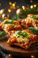Star-shaped puff pastry appetizers with melted cheese and herbs on wooden board, festive holiday lights bokeh in background.