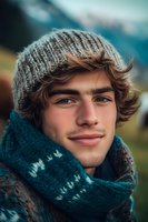 Young Caucasian man wearing knit beanie and winter scarf smiling outdoors in mountain landscape during cold season, natural lighting and soft bokeh background.