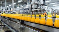 Orange juice bottles moving on automated conveyor belt in modern beverage production facility with industrial machinery and stainless steel equipment.