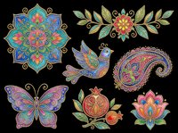 Ornamental mandala, floral, butterfly, paisley, and bird design elements in vibrant colors, isolated on transparent background. Ready for t-shirt design, clipart, stickers, sublimation, and print-on-demand projects.