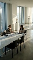 Two professional businesswomen having meeting in modern office conference room with marble table and city view windows for corporate presentations.