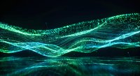Abstract digital wave made of glowing green and blue particles flowing across dark background for technology presentations and futuristic designs.