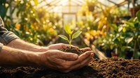 Hands protecting young green plant seedling growing from soil in sunny greenhouse environment symbolizing growth, care, and environmental sustainability.