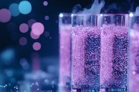 Sparkling drinks in tall glasses with rising bubbles against blurred purple and blue bokeh background create magical festive atmosphere for celebration events.