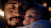 Tender moment between Hispanic father and sleeping toddler son in evening light with bokeh background, expressing paternal love and family bonding.