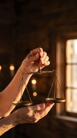 Hands holding golden scales of justice in warm atmospheric lighting with bokeh background for legal and law firm concepts.