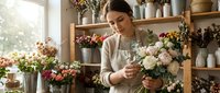 Young woman florist arranging white and pink flowers in studio workspace with shelves of blooms and vases, suitable for floral business, small business, and lifestyle content.