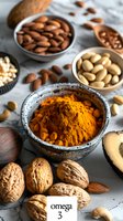Healthy omega-3 rich ingredients including turmeric powder, nuts and seeds arranged on marble surface, perfect for wellness blogs and nutritional content about superfoods and supplements.