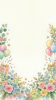 Watercolor birthday party frame with balloons, gift boxes, roses and eucalyptus leaves on cream background for celebration invitations and greeting cards.