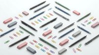 School and office supplies flat lay with colorful pens, pencils, erasers and paper clips arranged on white background for back to school design projects.