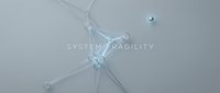 Young adult female with light skin tone, professional appearance, interacting with abstract digital network nodes and connecting lines representing system fragility and network vulnerability in corporate technology environment.