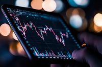Stock market chart displayed on mobile device screen with pink and blue trading graph against blurred bokeh lights background showing financial data analysis.