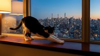 Black and white cat stretching on windowsill with illuminated city skyline at dusk, urban apartment interior with floor-to-ceiling windows overlooking metropolitan downtown.