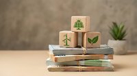 Wooden blocks with environmental icons stacked on books, symbolizing sustainable development, green business practices, and eco-friendly education for corporate responsibility concepts.