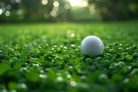 White golf ball resting on lush green clover field with beautiful natural bokeh effect in background, perfect for sports marketing and golf club advertising.