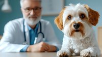 Small fluffy dog at veterinary clinic with professional doctor in background. Pet healthcare, medical examination and animal wellness concept.