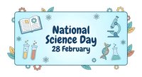 National Science Day celebration banner with laboratory equipment, DNA, microscope and educational elements on February 28 for scientific awareness campaigns.