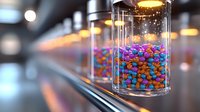 Colorful candy dispenser filled with rainbow chocolate buttons in glass container, illuminated by warm overhead lights creating bokeh effect in modern retail setting.