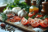 Fresh cooking ingredients on wooden board with tomatoes, garlic, red caviar, herbs, spices and olive oil for gourmet meal preparation.