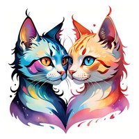 Colorful artistic cats in love forming heart shape, blue and orange feline portraits with mystical galaxy colors and flowing decorative elements on white background.