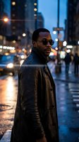 Young Black male wearing sunglasses and dark leather jacket stands on wet urban street at dusk with illuminated skyscrapers and city lights in background. Fashion and lifestyle.