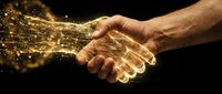Digital handshake with golden light effects representing business partnership, technology collaboration, and futuristic networking connections.