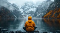 Person in yellow raincoat sitting on rock at misty mountain lake surrounded by autumn trees and snowy peaks, reflecting in calm water during foggy morning.