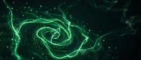 Green digital energy spiral with flowing particles and glowing waves on dark background for futuristic technology designs and sci-fi projects.