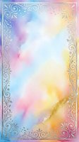 Pastel rainbow watercolor background with silver ornamental border, soft blended hues of pink, blue, yellow and purple for cards and invitations.