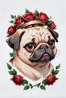 Adorable pug dog portrait with red rose flower crown and floral frame on light background, digital art style illustration for prints and decorative designs.