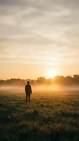Solitary figure standing in misty meadow at sunrise, silhouetted against golden sunlight breaking through fog and trees, evoking contemplation and solitude in nature.