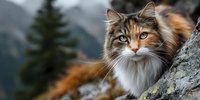 Fluffy long-haired tabby cat with orange and brown markings sitting on rocky surface in mountain landscape with evergreen trees in soft focus background.