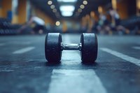 Heavy black dumbbell on gym floor with blurred background showing fitness equipment. Dramatic low angle perspective captures strength training atmosphere.