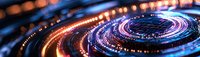 Futuristic digital technology concept with glowing circular light trails in blue and orange against dark background. Perfect for tech innovation themes.