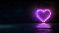 Glowing neon pink heart shape reflected on dark water surface against black background, creating romantic futuristic atmosphere with purple light effects.