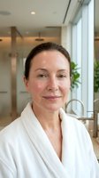 Middle-aged Caucasian woman in white bathrobe smiling at modern spa wellness center with natural lighting for relaxation and self-care concepts.