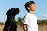Young Caucasian boy and black Labrador dog sitting together outdoors looking up at sky during golden hour sunset in natural field setting for family content.