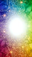 Colorful circuit board pattern with bright center light on rainbow watercolor background for technology and digital innovation concepts.